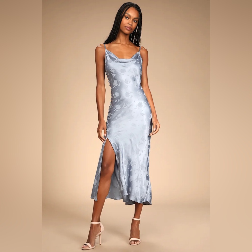 All About You Slate Blue Floral Jacquard Satin Midi Dress (never worn)